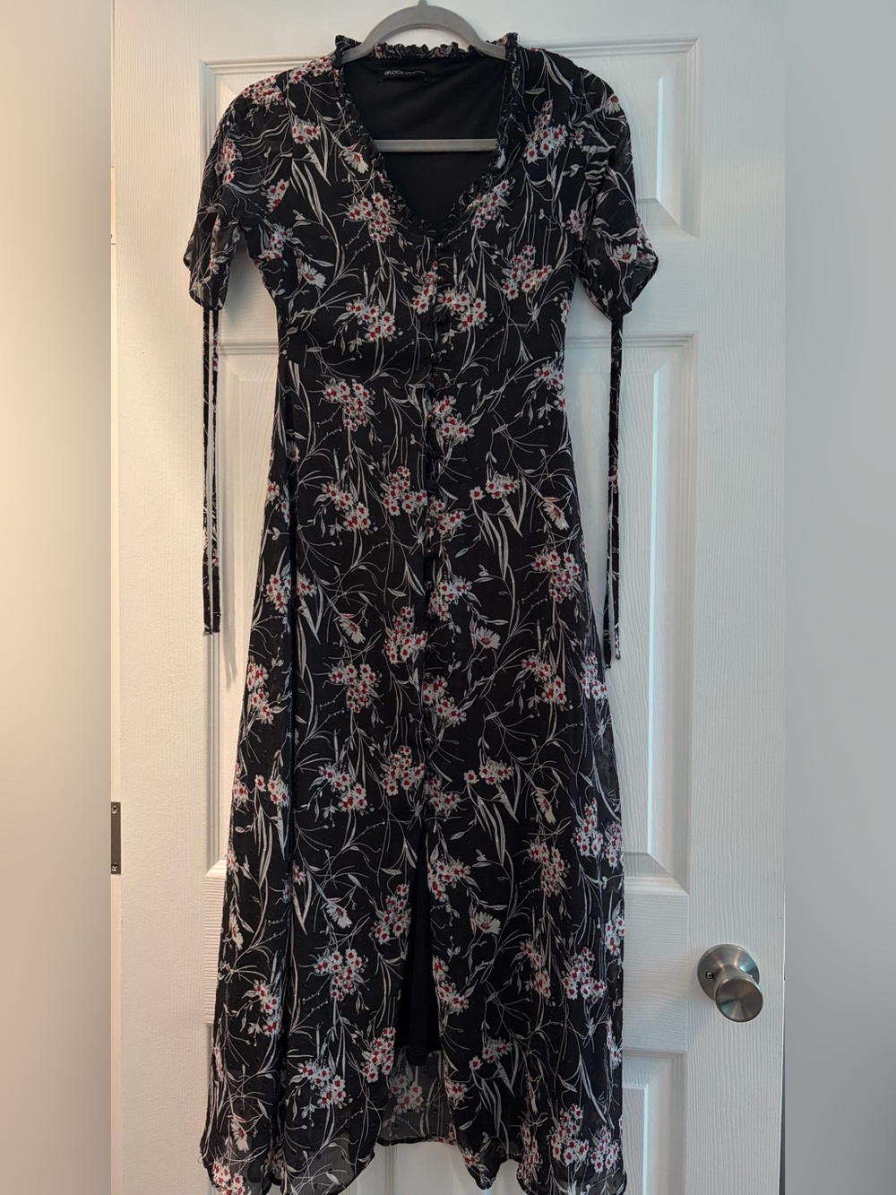 Black Floral Long Dress with Short Sleeves
